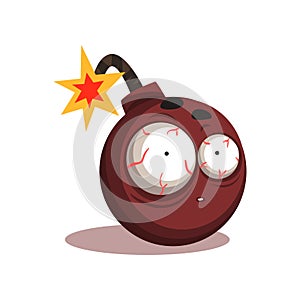 Illustration of round bomb with lit burning fuse. Cartoon character with shocked face expression. Isolated flat vector