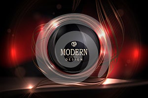 Illustration with a round copper frame and a curved ribbon on a black,red design