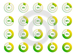 illustration of round progress bar. Circle indicators status. Loading and buffering percentage icon set. Circular interval timer.