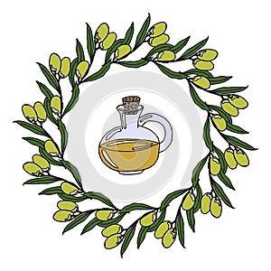 illustration, round wreath of painted olive branches and a bottle of olive oil, postcard