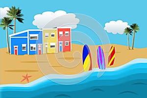 Illustration of a row houses on a tropical beach.