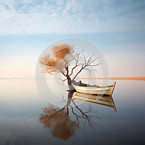 Illustration of a rowboat on an empty lake in autumn