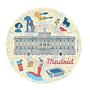 Illustration with Royal Palace and Madrid landmarks