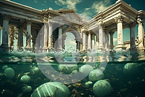 Illustration of the ruins of the Atlantis civilization. Underwater ruins