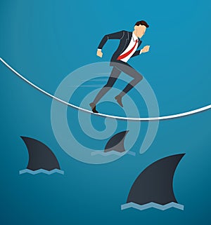 Illustration of a running businessman on rope with sharks underneath business risk chance