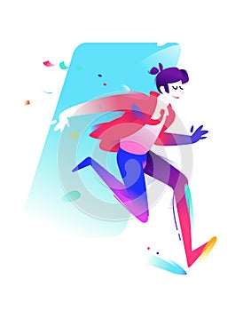 Illustration of a running guy in a business suit. Vector. A cute character runs from the portal doors. The illustration is