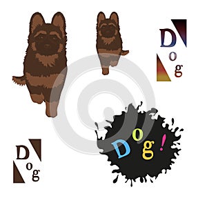 An illustration of a running puppy from nature, a set of word templates and a black spot with splashes for design, an isolated