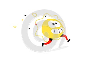 Illustration of a running sun. Vector. Round face with legs. Cartoon flat style. Yellow sun character for company and logo. Brand