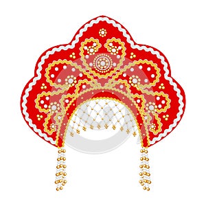 Illustration Russian national headdress kokoshnik with gold ornament and beads