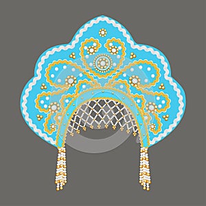 Illustration Russian national headdress kokoshnik with gold ornament and beads