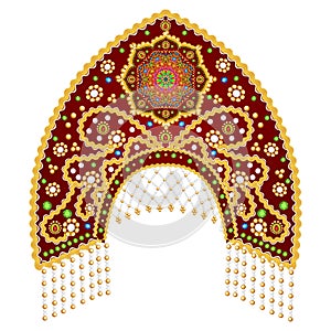 Illustration Russian national headdress kokoshnik with gold ornament and beads