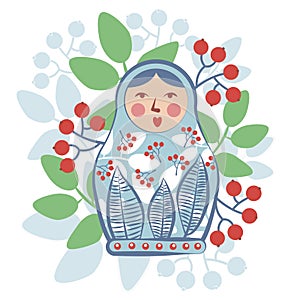 Illustration russian souvenir nested doll surrounded by leaves and berries on white bsackground.