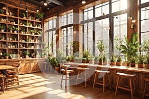 Illustration of rustic coffee shop interior with wooden furniture, big windows and potted plants. Cafe concept, background for