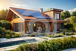 Illustration of rustic sustainable house with big windows, swimming pool and solar panels on the roof, surrounded by trees and