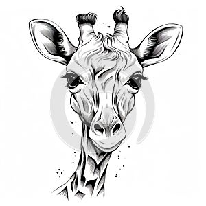 Illustration of a sad giraffe in black and white coloring, generative ai