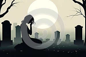 Illustration of sad woman silhouette crying sitting in front of graveyard with tombstones
