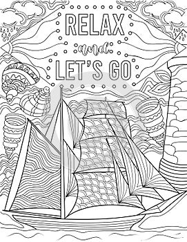Illustration Of A Sailboat Floating On The Ocean Surrounded By Seashells Under Inspirational Note. Boat Line Drawing