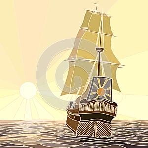 Illustration of sailing ships of the 17th century at sunset.