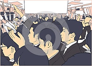 Illustration of salary men in crowded metro, subway cart in rush hour