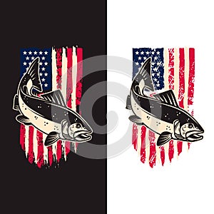 Illustration of salmon fish of background of usa flag in grunge style. Design element for poster,card, banner, sign