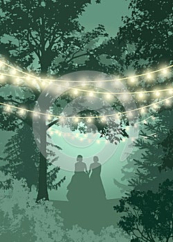 Illustration of a same-sex couple in the forest with magic lights. Lesbian / LGBT wedding Invitation, Save the Date card lights.