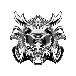 Illustration of samurai helmet in tattoo style isolated on white background. Design element for emblem, sign, poster, card