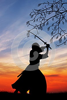 Samurai with sword at sunset
