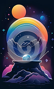 Illustration of sand abstraction in rainbow colors, dark blue space background, crystal ball, ink paint style, AI generation