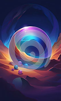 Illustration of sand abstraction in rainbow colors, dark blue space background, crystal ball, ink paint style, AI generation