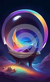 Illustration of sand abstraction in rainbow colors, dark blue space background, crystal ball, ink paint style, AI generation