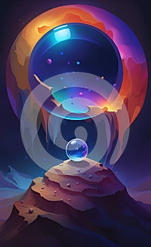 Illustration of sand abstraction in rainbow colors, dark blue space background, crystal ball, ink paint style, AI generation