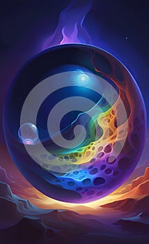 Illustration of sand abstraction in rainbow colors, dark blue space background, crystal ball, ink paint style, AI generation