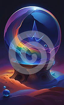 Illustration of sand abstraction in rainbow colors, dark blue space background, crystal ball, ink paint style, AI generation