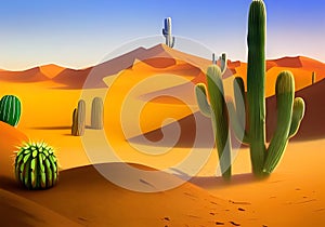 An Illustration of a Sandy Desert Landscape with Dunes, a Blue Sky, and Cacti