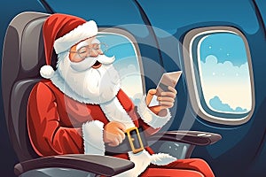Illustration Santa Claus in airplane with citizens, Using smartphone or tablet traveling. AI Generated