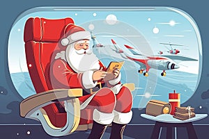 Illustration Santa Claus in airplane with citizens, Using smartphone or tablet traveling. AI Generated