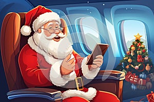 Illustration Santa Claus in airplane with citizens, Using smartphone or tablet traveling. AI Generated