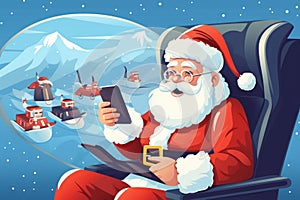 Illustration Santa Claus in airplane with citizens, Using smartphone or tablet traveling. AI Generated