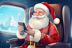 Illustration Santa Claus in airplane with citizens, Using smartphone or tablet traveling. AI Generated