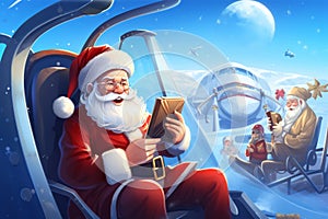 Illustration Santa Claus in airplane with citizens, Using smartphone or tablet traveling. AI Generated