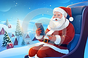 Illustration Santa Claus in airplane with citizens, Using smartphone or tablet traveling. AI Generated