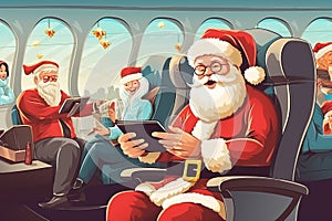 Illustration Santa Claus in airplane with citizens, Using smartphone or tablet traveling. AI Generated