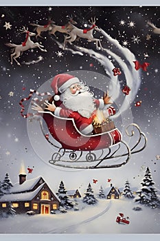 Illustration of Santa Claus flying with reindeer over Snow-covered town. Christmas card as a symbol of remembrance of the birth of