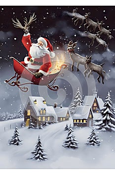Illustration of Santa Claus flying with reindeer over Snow-covered town. Christmas card as a symbol of remembrance of the birth of