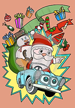Illustration Santa Claus with Reindeer and Iceman are driving presents