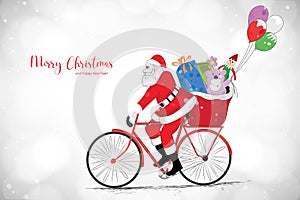 Illustration santa claus on riding a bicycle delivering christmas gifts on card background