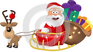 An illustration of Santa Claus riding in his Christmas Sleigh or Sled delivering presents. On a white background.Isolate