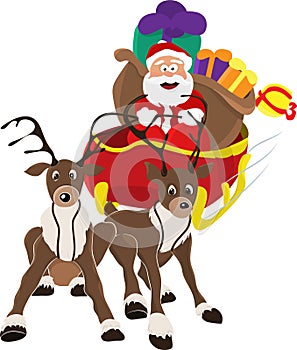 An illustration of Santa Claus riding in his Christmas Sleigh or Sled delivering presents. On a white background.Isolate