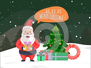 Illustration of Santa Claus Saying HO, HO, HO Merry Christmas with Gift Boxes, Wreath and Decorative Xmas Tree on Snow