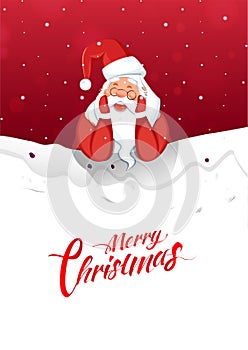 Illustration of santa claus shouting on red and snowfall background for Merry Christmas celebration. Can be used as greeting card